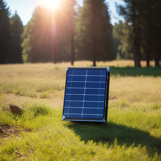 A compact, portable solar panel with a sleek, silver frame, attached to a small, black generator, set against a serene, natural background with a few trees and a sunny sky.