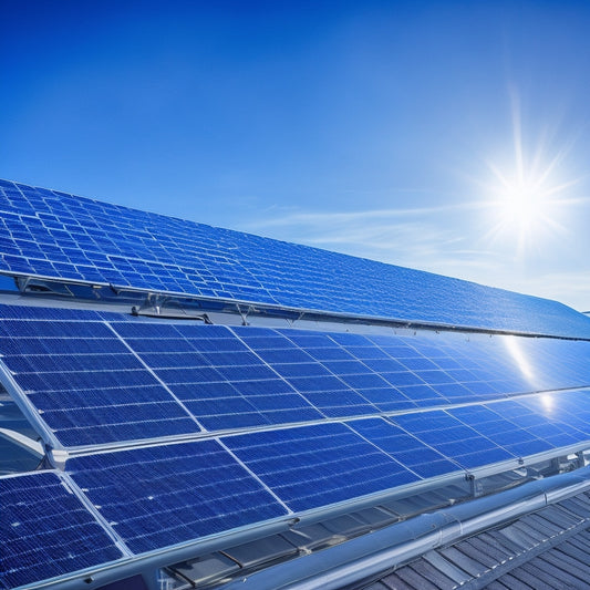 A futuristic, sleek solar panel array on a rooftop, with shiny metallic frames and dark blue photovoltaic cells, angled towards a bright blue sky with a few puffy white clouds.