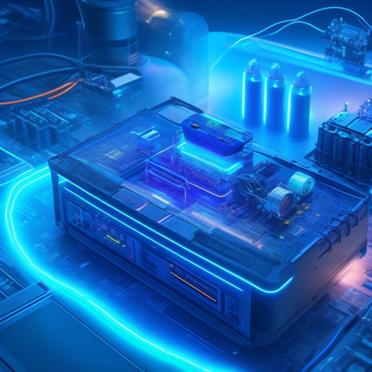 A futuristic, high-tech illustration featuring a central battery charger surrounded by orbiting batteries, wires, and circuits, with glowing blue lines and sparks emanating from the charger.