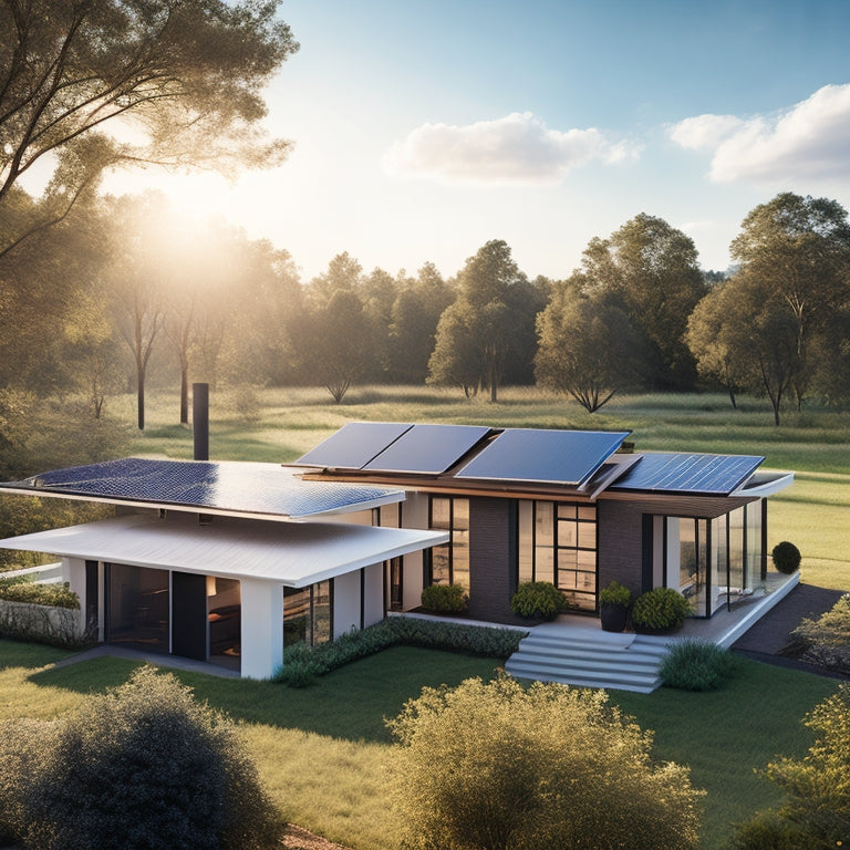 A serene landscape featuring a modern, eco-friendly home surrounded by lush greenery, with a rooftop array of sleek, black solar panels angled towards the sun, amidst a clear blue sky.