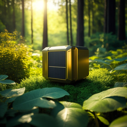 A modern, sleek solar panel power generator with metallic casing, surrounded by lush greenery, with sunlight rays illuminating the panels at a slight angle, casting a subtle shadow.