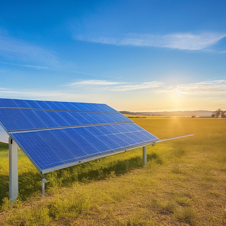 A sleek grid tie inverter connected to solar panels, with vibrant sunlight reflecting off them. In the background, a vibrant green landscape and a clear blue sky, showcasing efficient renewable energy in action.