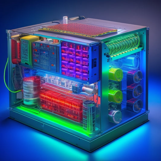 A complex diagram showcasing a backup power system, featuring a grid of squares with flashing red and green lights, surrounded by curved wires, batteries, and generators, set against a dark blue background.