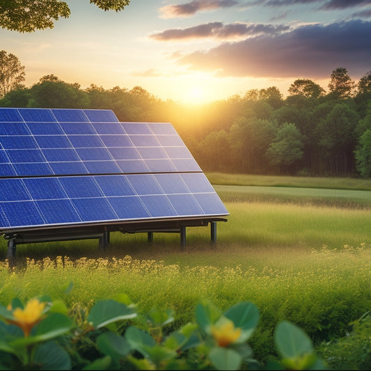 A serene landscape with a solar panel array in the foreground, lithium-ion batteries stacked in the background, surrounded by lush greenery and a subtle sunny glow.