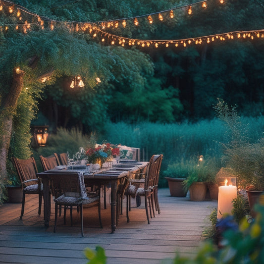 A cozy outdoor patio adorned with warm, glowing string lights draped elegantly overhead, surrounded by lush greenery and colorful flowers, with a rustic wooden table set for an intimate evening gathering under a starry sky.
