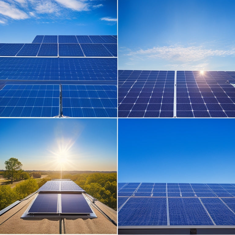 A serene rooftop scene showcasing five distinct stages of solar panel installation: preparation, mounting brackets, panel placement, wiring, and final inspection, with sunlight reflecting off the panels and a clear blue sky.