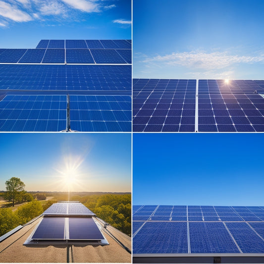 A serene rooftop scene showcasing five distinct stages of solar panel installation: preparation, mounting brackets, panel placement, wiring, and final inspection, with sunlight reflecting off the panels and a clear blue sky.