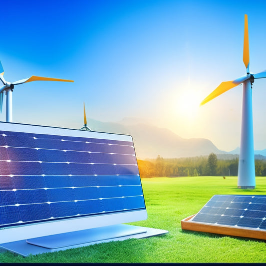 A futuristic illustration of a computer screen displaying an e-commerce website, with a battery icon in the shopping cart, surrounded by smaller icons of renewable energy sources like solar panels and wind turbines.