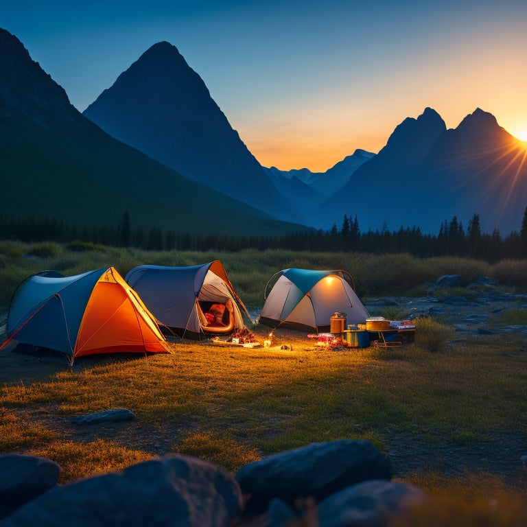 A serene campsite at dusk, featuring compact portable generators surrounded by tents, a crackling campfire, backpacks, and mountains in the background, with glowing lanterns casting warm light on the scene.