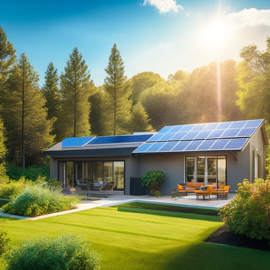 A serene residential backyard with a sleek, black solar panel array on the roof, surrounded by lush greenery, a bright blue sky, and a few fluffy white clouds, with a subtle sunbeam shining down.