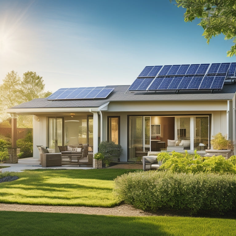A sunlit home with solar panels on the roof, a vibrant garden with wind turbines nearby, an electric vehicle charging in the driveway, and energy-efficient appliances visible through large windows, showcasing sustainable living.