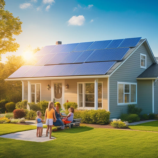 A sunlit suburban home with solar panels on the roof, lush green surroundings, a bright blue sky, and a family enjoying the outdoors, highlighting energy efficiency and environmental benefits.