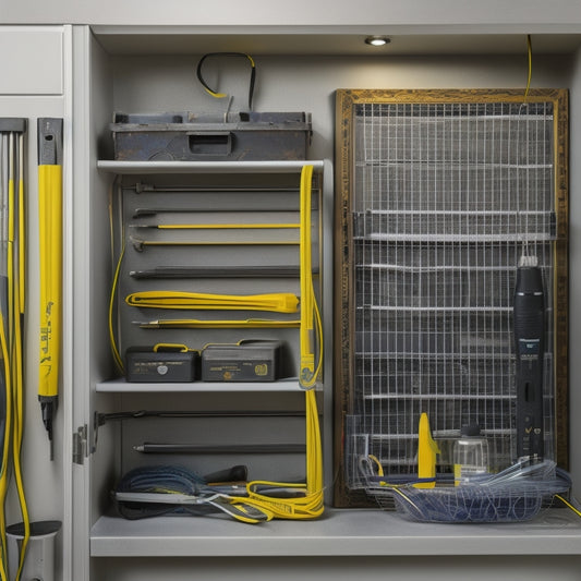 A well-organized home energy panel with neatly labeled wires, a clean and dust-free surface, and a few essential tools (screwdriver, pliers, and a voltage tester) placed on a nearby shelf or hook.