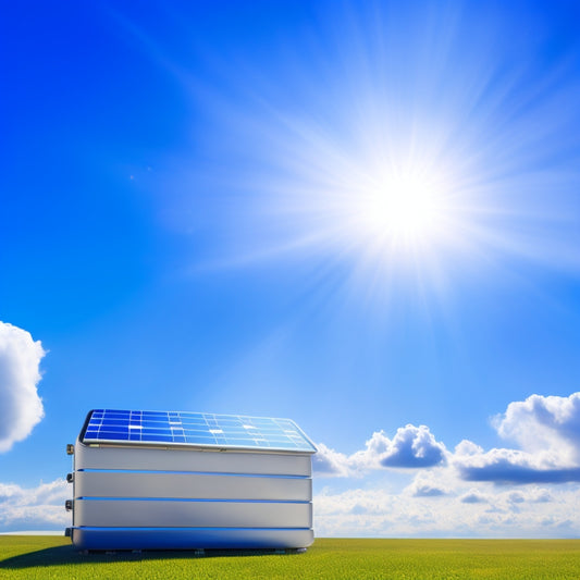A futuristic, high-contrast illustration of a sleek, silver lithium-ion battery bank connected to solar panels, set against a bright blue, sunny sky with fluffy white clouds.