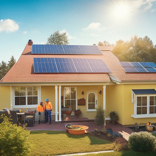 A sunny suburban home with a mix of asphalt and clay roof tiles, featuring a team of two installers in bright yellow vests, ladder, and toolboxes, amidst a scattering of solar panels.