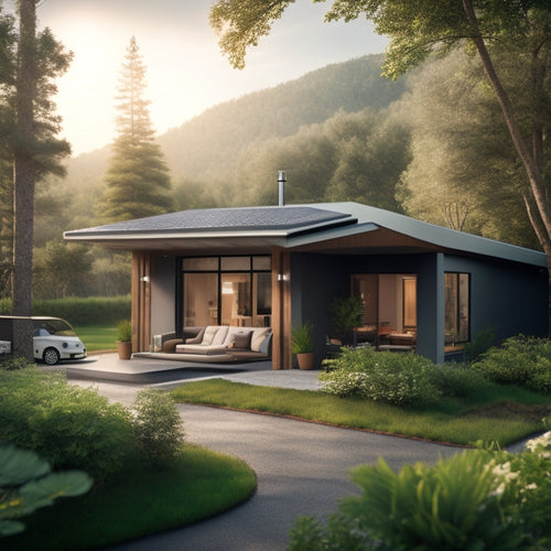 A serene, modern home surrounded by lush greenery, with solar panels on the roof, a wind turbine in the backyard, and a Tesla car plugged into a charging station.