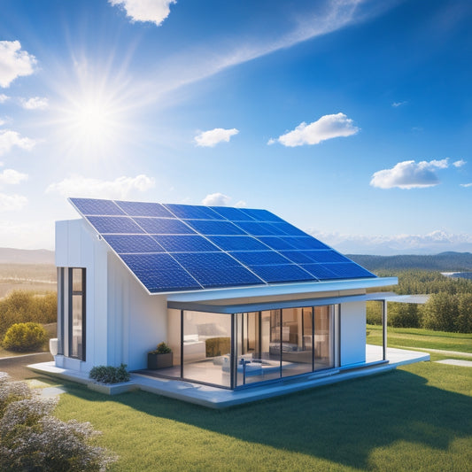 A futuristic illustration of a modern home with solar panels on the roof, a sleek battery storage system in the background, and a subtle grid of circuit lines connecting the components, set against a bright blue sky with fluffy white clouds.