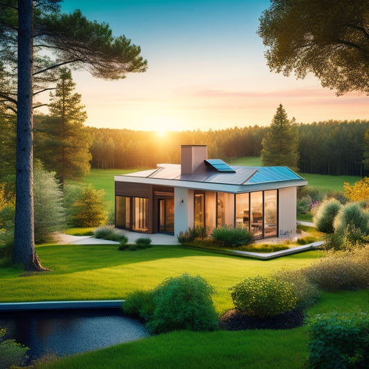 A serene, modern eco-friendly home surrounded by lush greenery, with solar panels on the roof, a wind turbine in the background, and a subtle, shimmering aura representing renewable energy.