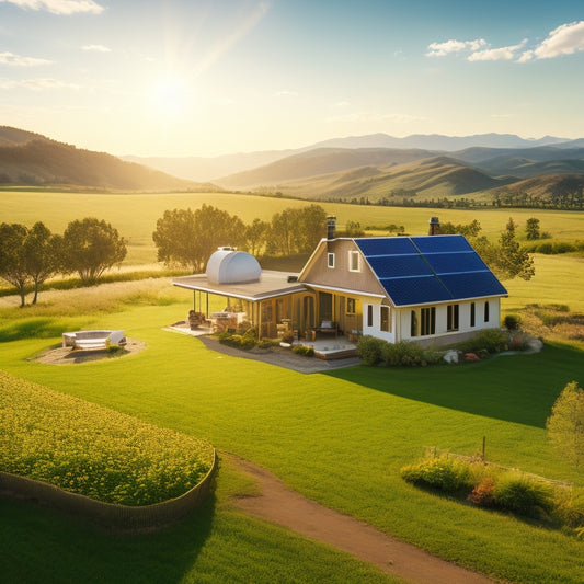 A serene, sun-drenched landscape featuring a self-sustaining off-grid homestead with solar panels, wind turbines, and a lush green garden surrounded by rolling hills and a clear blue sky.