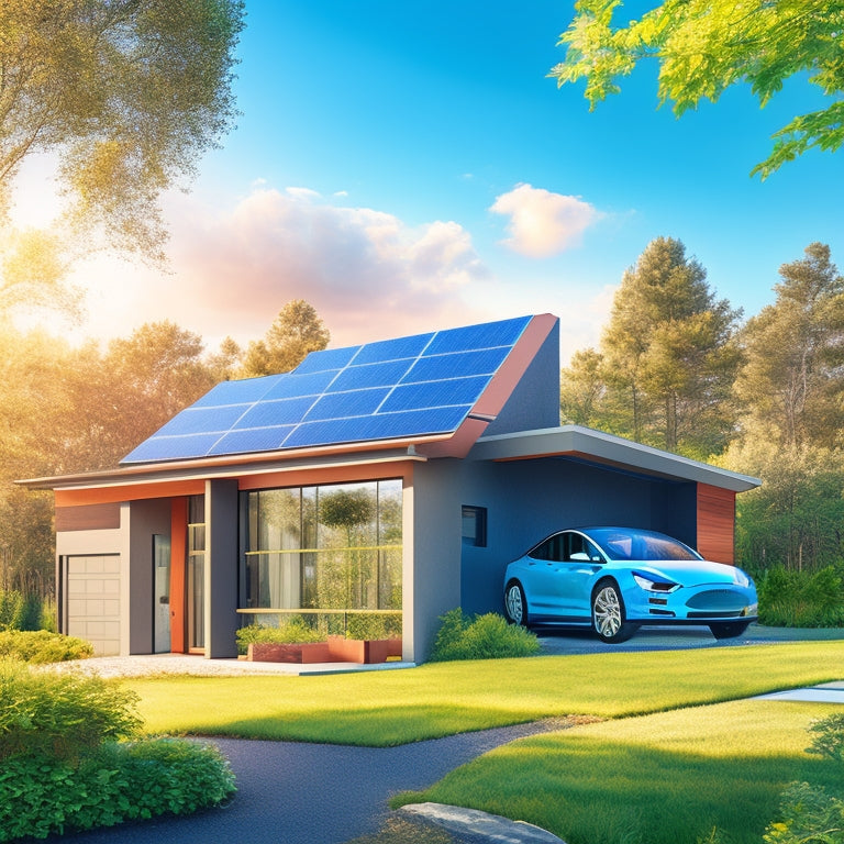 An illustration of a modern, sustainable home with solar panels on the roof, a Tesla Powerwall on the exterior wall, and a battery pack in the garage, surrounded by lush greenery and a bright blue sky.