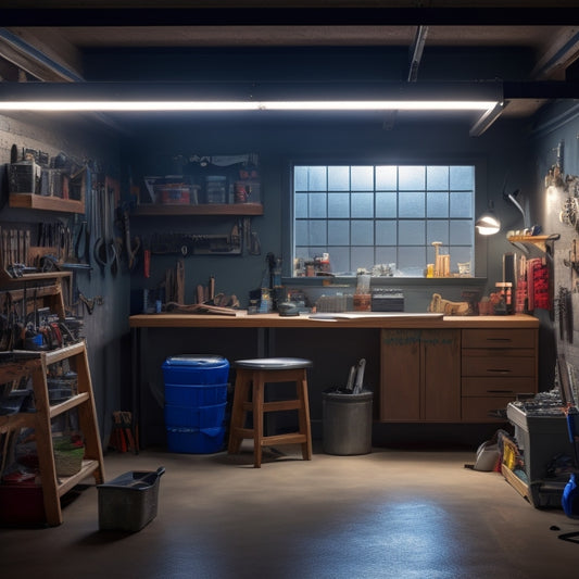 A dimly lit, clutter-free garage with a workbench in the center, surrounded by scattered DIY tools, a half-assembled energy kit, and a ladder leaning against a wall, with a single, bright LED light shining down.