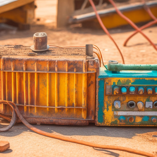 A worn, rusty battery with cracked terminals and corroded connections, surrounded by scattered solar panels and tangled wires, set against a worn, weathered wooden background.
