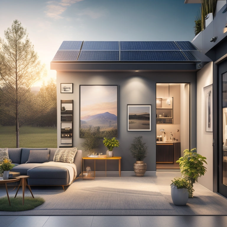 A photo-realistic illustration of a modern home's interior with a sleek, wall-mounted battery bank system, surrounded by solar panels and wiring, with a subtle glow emanating from the batteries.
