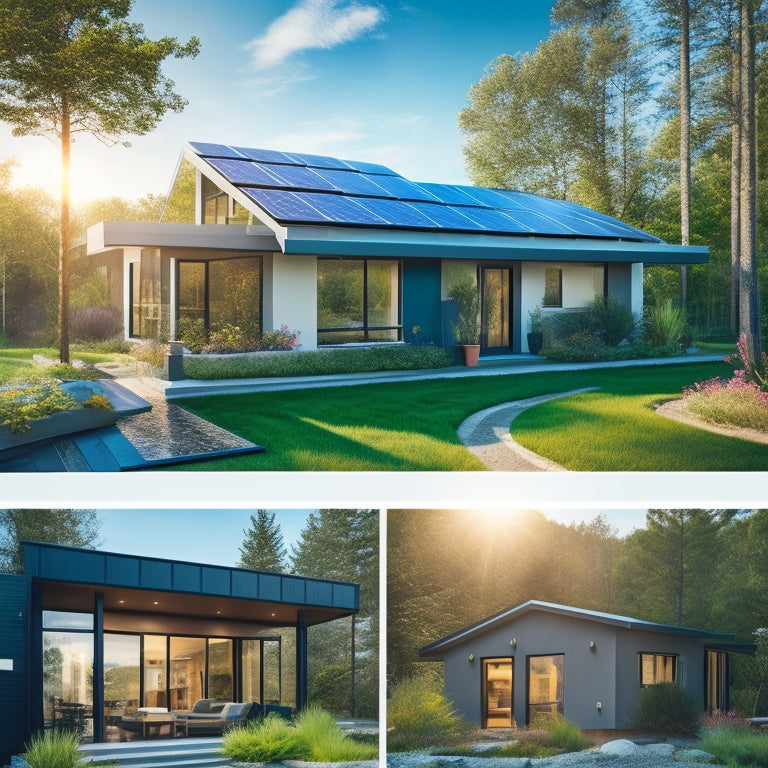 Illustrate a modern, eco-friendly home with solar panels on the roof, a smart thermostat, and a sleek energy storage system, surrounded by lush greenery and a bright blue sky.