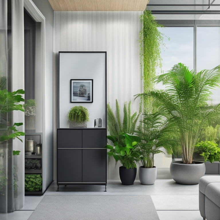 A modern home interior with a sleek, wall-mounted solar panel backup battery system, featuring a large, rectangular lithium-ion battery pack with a silver and black finish, surrounded by sleek, minimalist shelving and a few potted plants.