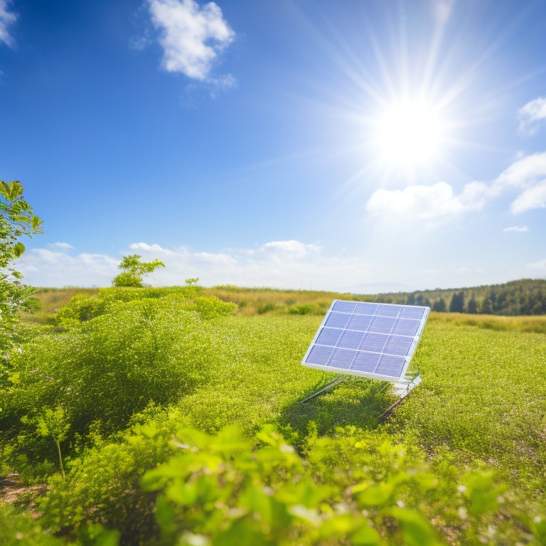 A small, sleek solar panel with a compact battery pack and USB ports, set against a serene outdoor background with a few leaves and twigs, under a bright blue sky with fluffy white clouds.