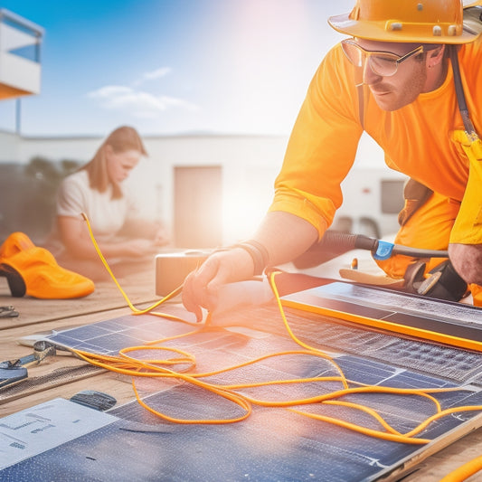 An illustration of a solar panel wiring setup with a person in the background, wearing safety gear, holding a multimeter and wire strippers, surrounded by neatly organized tools and wiring diagrams.