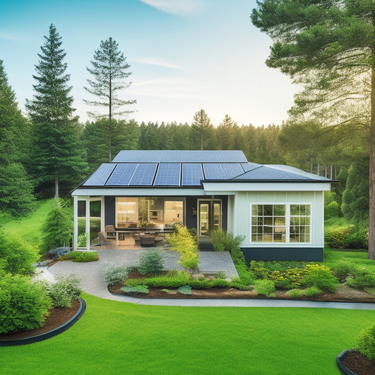 A serene suburban home surrounded by lush greenery, with solar panels on the roof, a wind turbine in the backyard, and a geothermal heat pump system visible through a transparent wall.