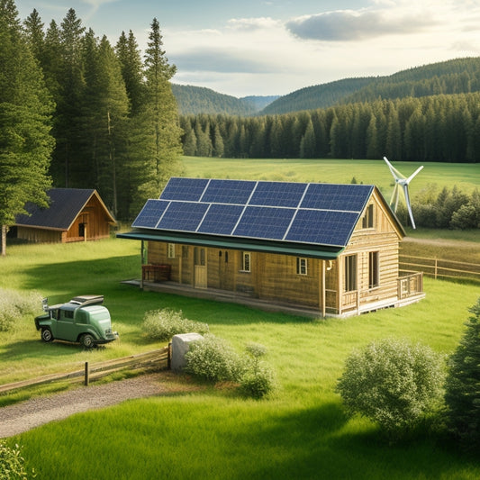 A serene off-grid homestead with a rustic cabin, surrounded by lush greenery, featuring a rooftop solar panel array with 10-12 panels, a white wind turbine, and a battery bank in the background.