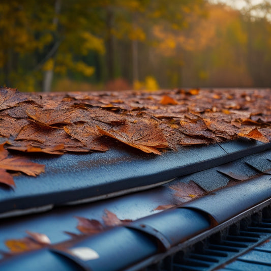 A close-up of rusted metal roofing panels with visible dents and scratches, surrounded by fallen leaves, under a cloudy sky, highlighting wear and tear, alongside a contrasting section of traditional asphalt shingles for comparison.