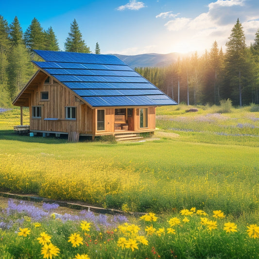 A serene off-grid setting with a rustic cabin, surrounded by lush greenery. Showcase solar panels on the roof, a modern battery storage system beside it, and vibrant wildflowers in the foreground under a clear blue sky.