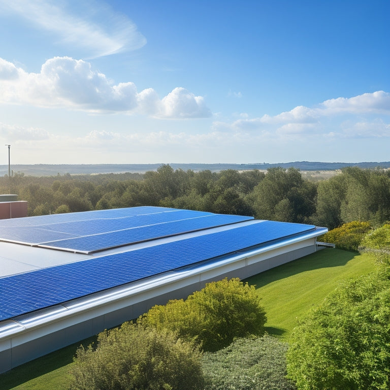 A sleek, modern rooftop with neatly aligned, high-efficiency solar panels in a metallic silver finish, surrounded by lush greenery and a clear blue sky with a few puffy white clouds.