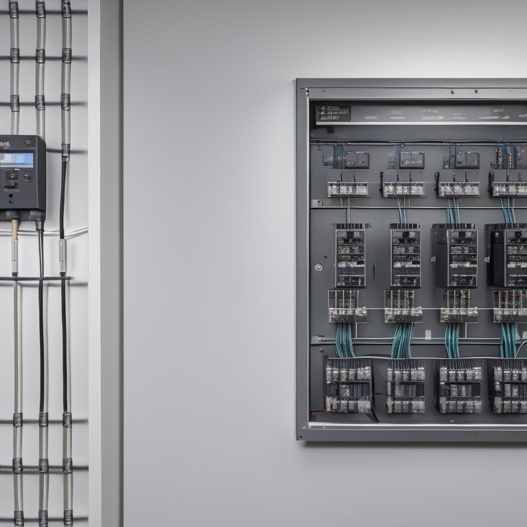A modern home's electrical panel with a sleek, black battery backup system installed, surrounded by wires and circuit breakers, set against a clean, white background, with subtle shadows and highlights.
