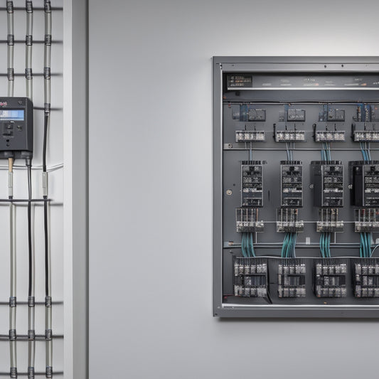A modern home's electrical panel with a sleek, black battery backup system installed, surrounded by wires and circuit breakers, set against a clean, white background, with subtle shadows and highlights.