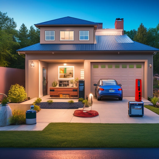 An illustration of a modern home with a basement or garage in the background, featuring a prominent display of various battery backup systems and devices with flashing lights and cables.