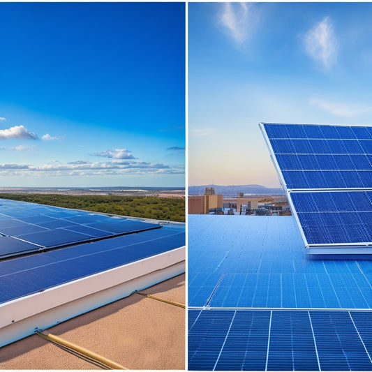 A split-screen image featuring a sleek, modern rooftop with solar panels on one side and a sleek, compact battery storage system on the other, set against a bright blue sky.