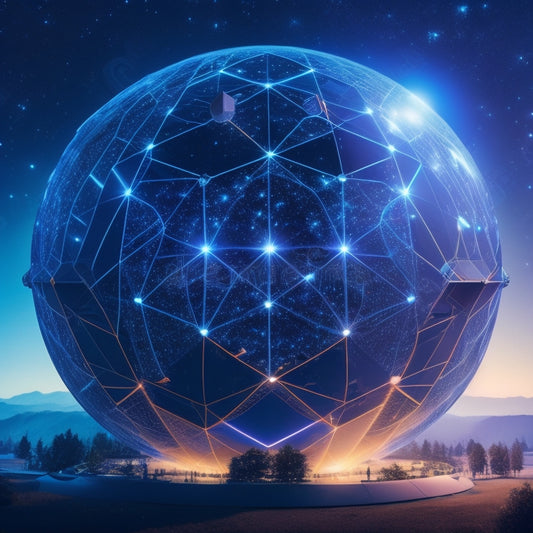 A futuristic, spherical smart hub at the center, surrounded by orbiting solar panels with glowing blue circuits, connected by thin, pulsing wires, set against a starry night sky with a subtle grid pattern.