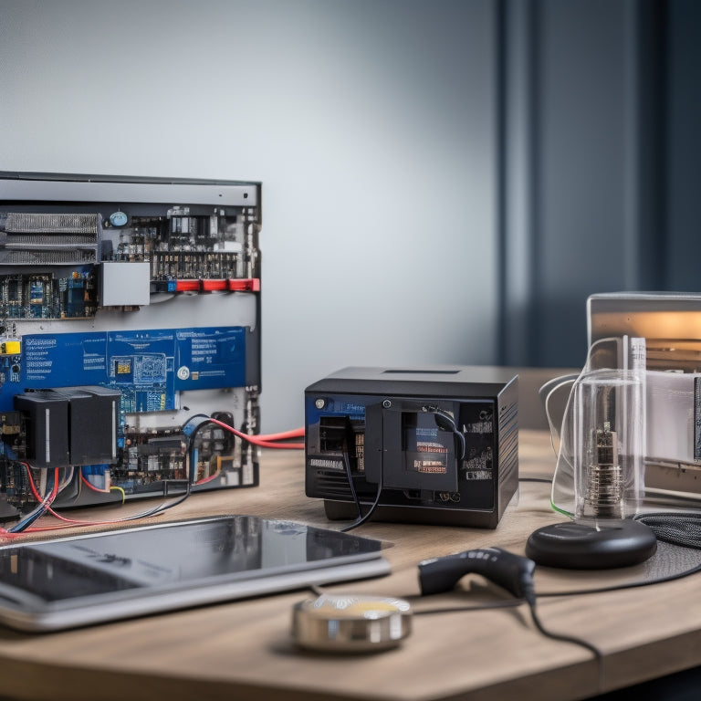 A circuit diagram with a backup power source, a battery, and an inverter, connecting to a home's electrical panel, with a smart thermostat and multiple smart home devices in the background.