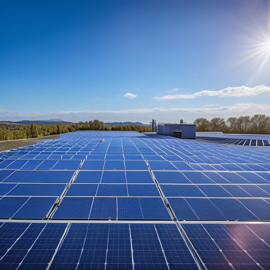 A photograph of a rooftop solar panel installation, with sleek black anodized aluminum racking systems, holding rows of shiny photovoltaic panels at a 30-degree angle, set against a clear blue sky.