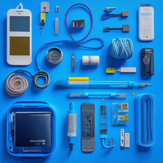 A cluttered workspace with tangled cords and scattered batteries, contrasted with a tidy organizer filled with neatly coiled cables, a portable power bank, and a multi-tool, set against a bright blue background.