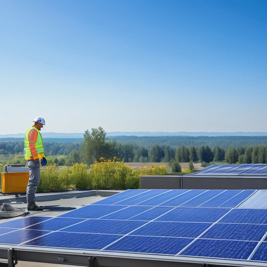 A sunny rooftop with a row of sleek solar panels, one of which is being inspected by a technician in a bright orange vest, with a toolbox and a ladder nearby, surrounded by blooming greenery.