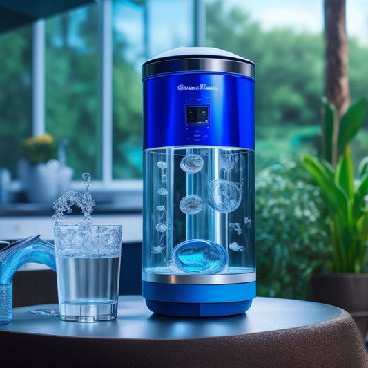 A close-up of a pristine water purifier with vibrant blue and clear water flowing through transparent filters, surrounded by illustrations of harmful contaminants like bacteria, heavy metals, and chemicals fading away into the background.