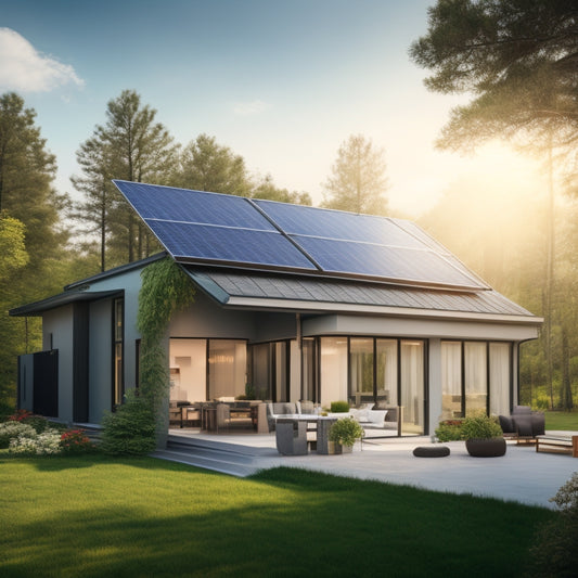 A modern home with solar panels on the roof, connected to an advanced electrical system, showcasing bright sunlight, a digital energy monitor, and lush green surroundings, symbolizing sustainability and innovation.