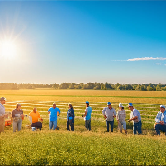 A vibrant community solar farm with diverse people of various ages and backgrounds installing solar panels, surrounded by lush greenery, blue skies, and distant wind turbines, symbolizing collaboration and sustainable energy for all.