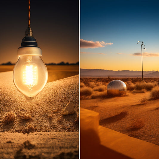 A split-screen image: a dirty, dusty solar panel with reduced energy output visualized as a dim, flickering light bulb, alongside a clean, sparkling panel with a bright, radiant light bulb.