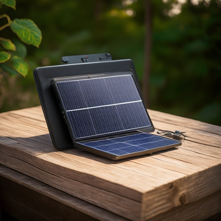 A compact, portable solar panel with a sleek, black frame, angled at 30 degrees, connected to a small, silver battery with a digital display, on a rustic wooden table amidst a lush green background.